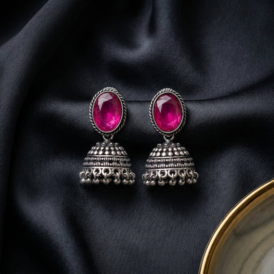 Oxidized Stone Stud Dome Jhumka Earrings for Women | Lady Zone