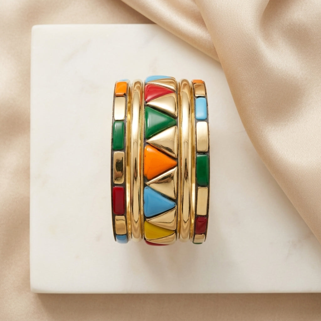 Colorful Geometric Tribal Brass Bangle Set | Lady Zone
