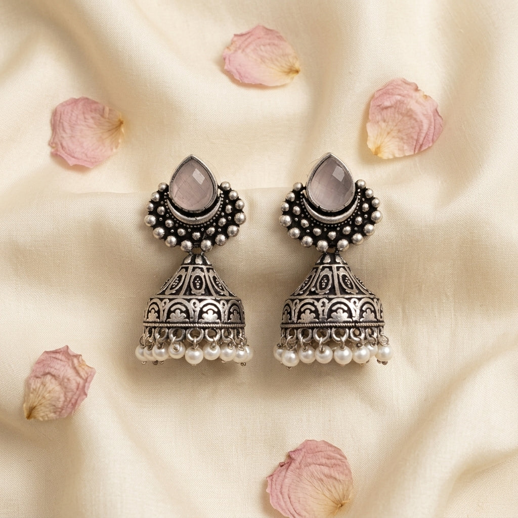 German Silver Oxidized Pearl Drop Jhumka Earrings for Women | Lady Zone