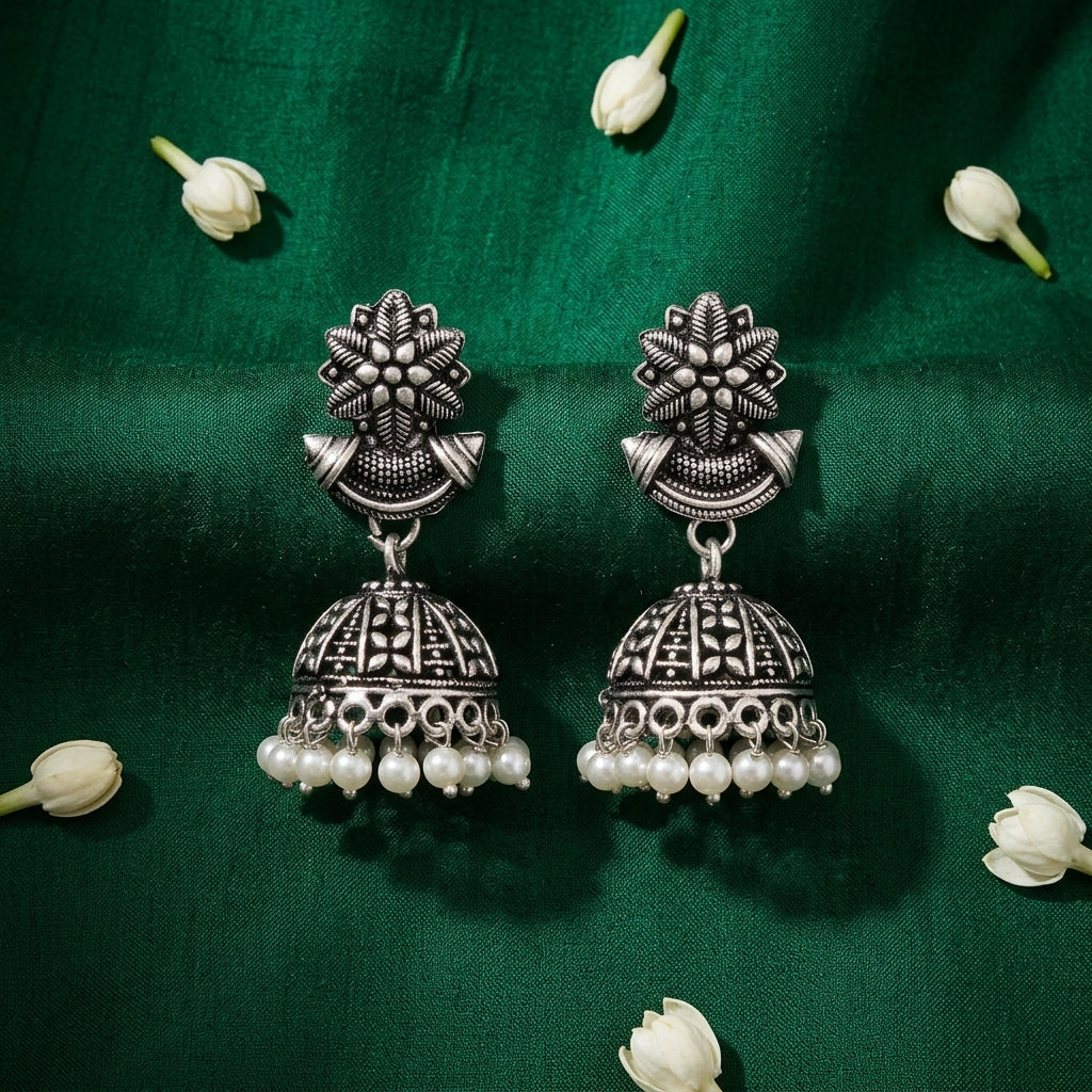 Oxidized Pearl Dome Jhumka Earrings for Women | Lady Zone
