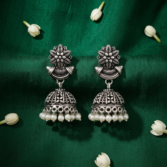 Oxidized Pearl Dome Jhumka Earrings for Women | Lady Zone