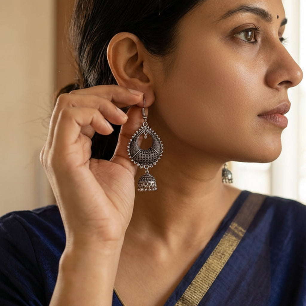 Oxidized Cutwork Jhumka Drop Earrings for Women | Lady Zone