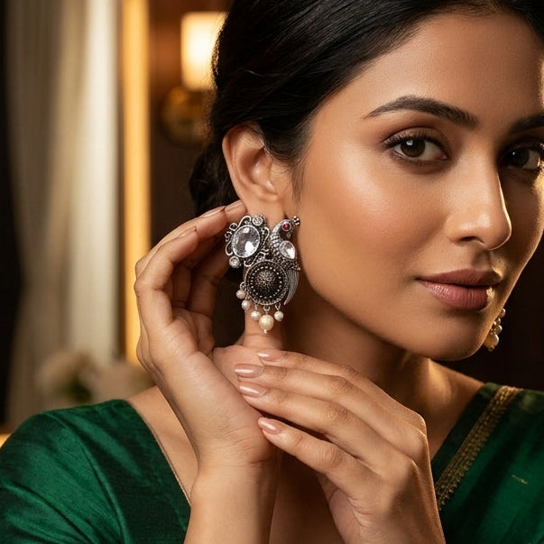 German Silver Oxidized Peacock Pearl Statement Earrings for Women | Lady Zone