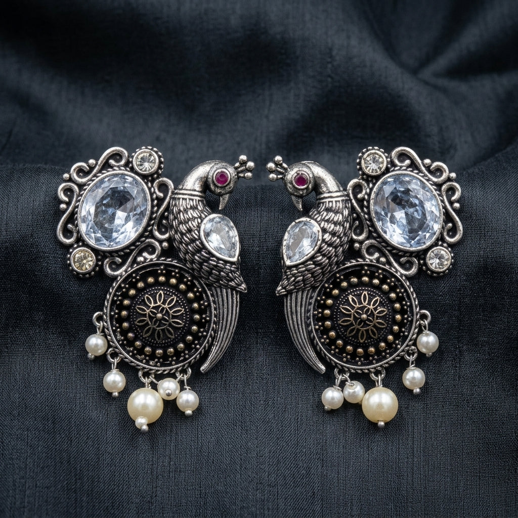 German Silver Oxidized Peacock Pearl Statement Earrings for Women | Lady Zone
