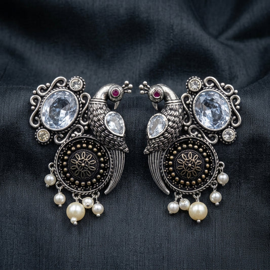 German Silver Oxidized Peacock Pearl Statement Earrings for Women | Lady Zone