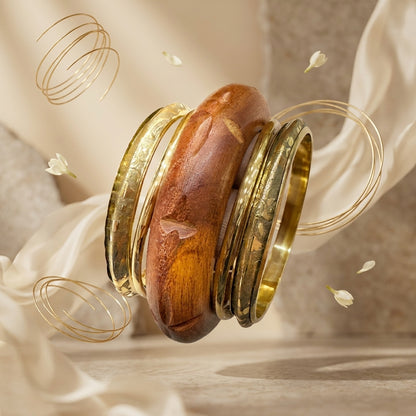 Nature Carved Wood & Brass Bangle Set for Women