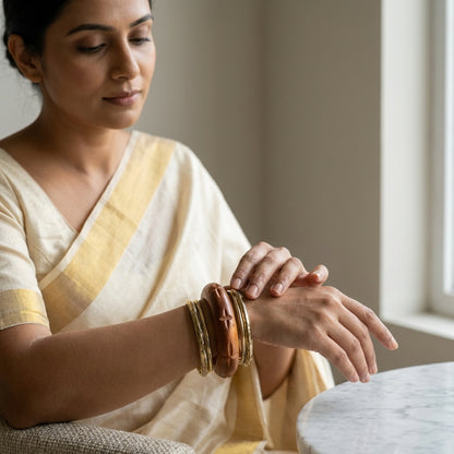 Nature Carved Wood & Brass Bangle Set for Women