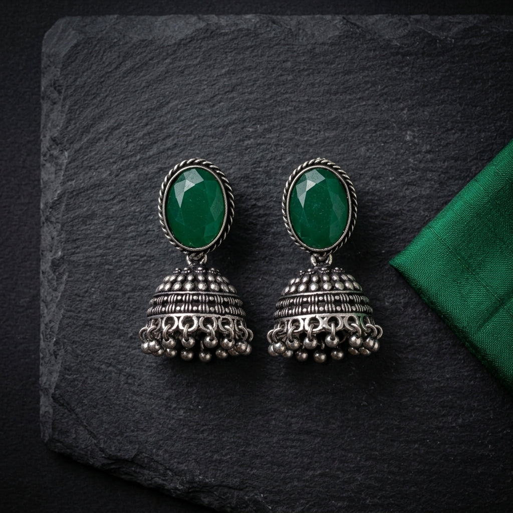 Oxidized Stone Stud Dome Jhumka Earrings for Women | Lady Zone