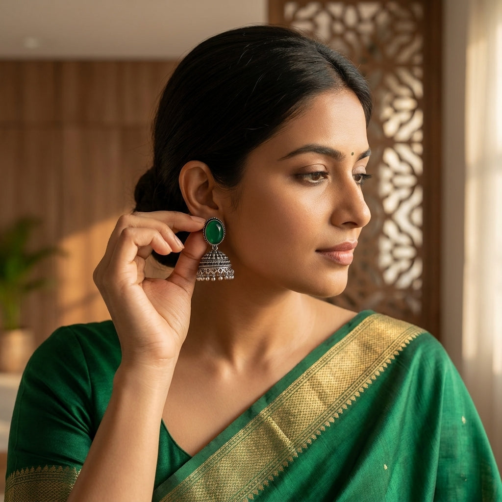 Oxidized Stone Stud Dome Jhumka Earrings for Women | Lady Zone