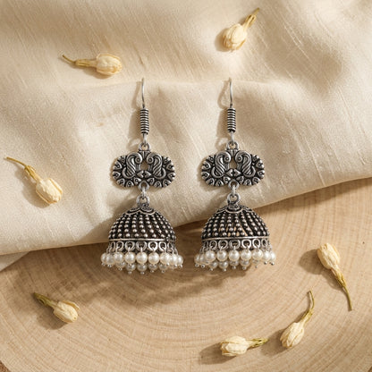 Oxidized Pearl & Black Bead Jhumka Earrings for Women | Lady Zone