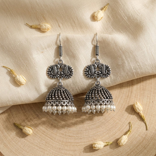 Oxidized Pearl & Black Bead Jhumka Earrings for Women | Lady Zone