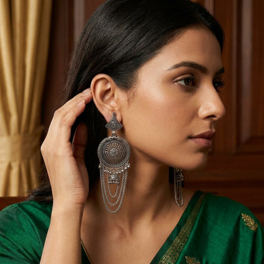 Oxidized Floral Chain Statement Earrings for Women | Lady Zone