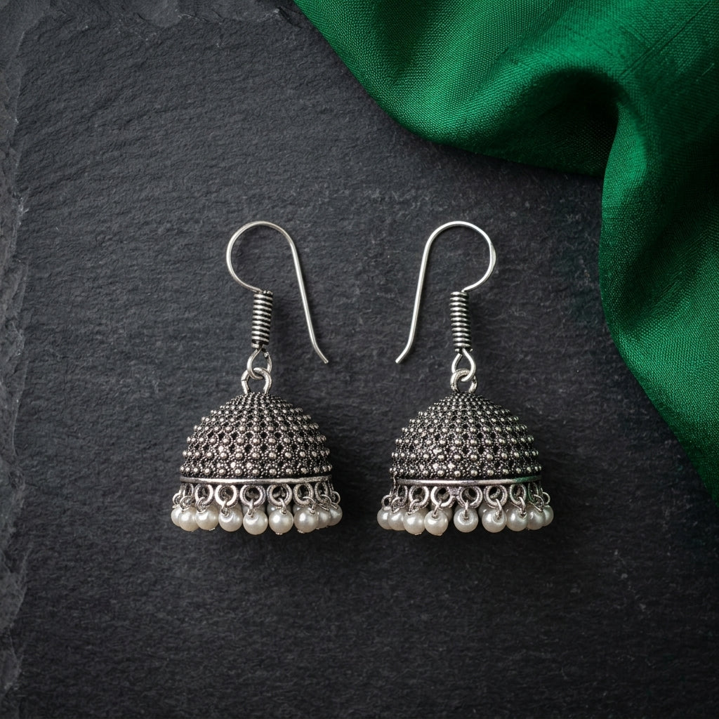 Oxidized Dome Pearl Jhumka Earrings for Women | Lady Zone