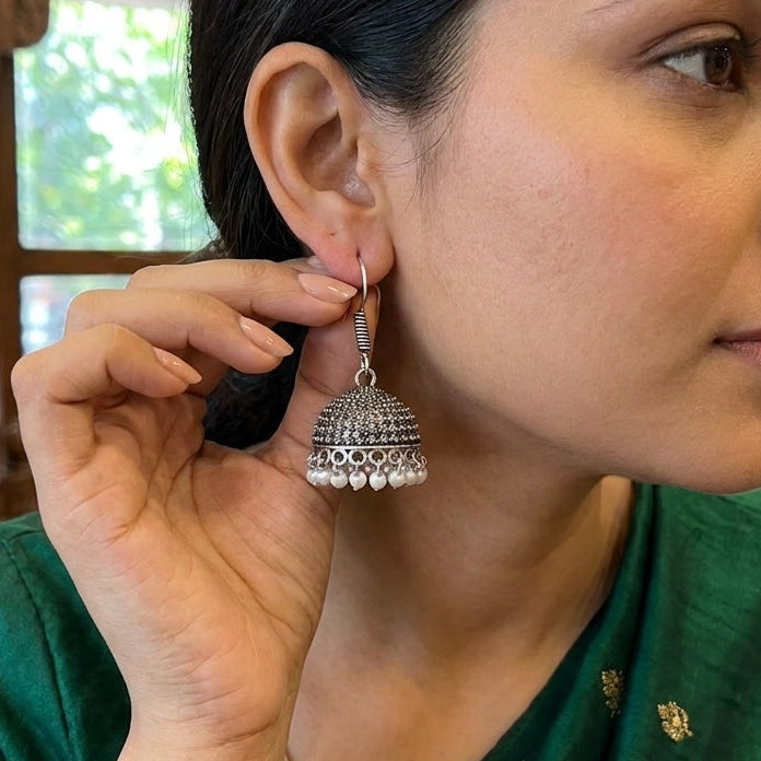 Oxidized Dome Pearl Jhumka Earrings for Women | Lady Zone