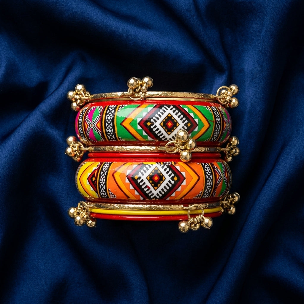 Tribal Fusion Wood & Brass Bangle Set for Women