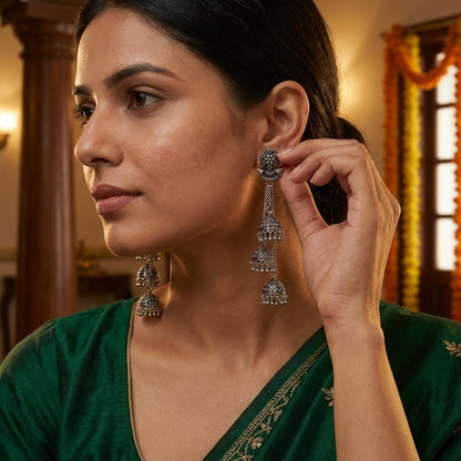 Oxidized Multi Jhumka Chain Drop Earrings for Women | Lady Zone