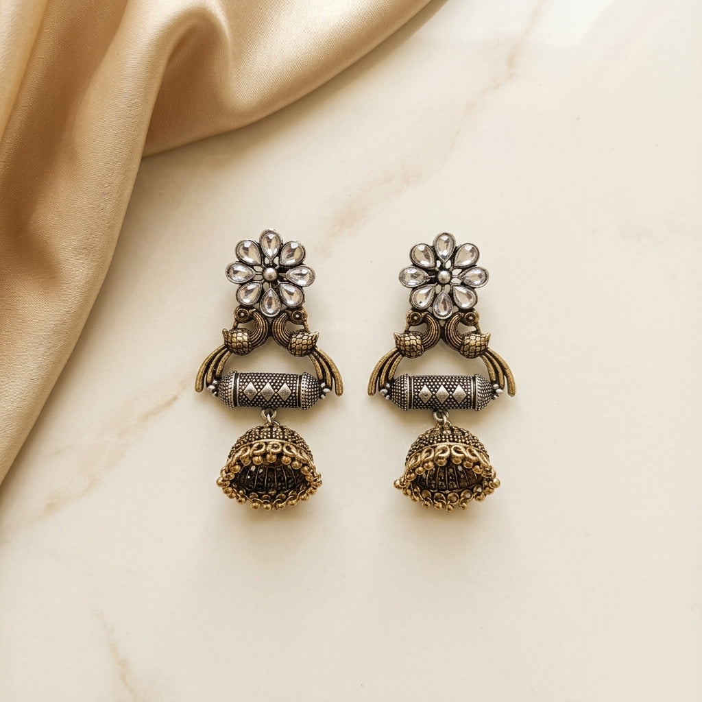 German Silver Dual Tone Peacock Jhumka Earrings for Women | Lady Zone