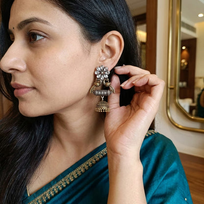 German Silver Dual Tone Peacock Jhumka Earrings for Women | Lady Zone