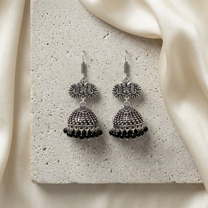 Oxidized Pearl & Black Bead Jhumka Earrings for Women | Lady Zone
