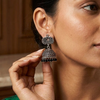 Oxidized Pearl & Black Bead Jhumka Earrings for Women | Lady Zone