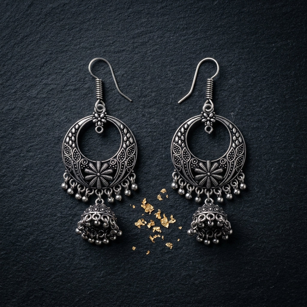 Oxidized Floral Hoop Jhumka Earrings for Women | Lady Zone