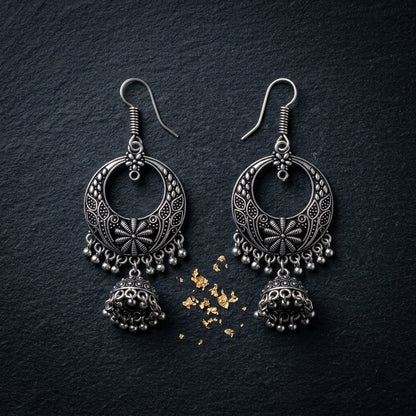 Oxidized Floral Hoop Jhumka Earrings for Women | Lady Zone