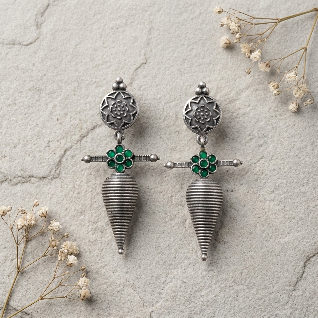 German Silver Floral Cone Drop Earrings for Women | Lady Zone