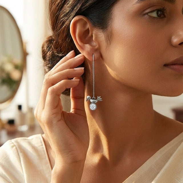 German Silver Bird Charm Chain Drop Earrings for Women | Lady Zone