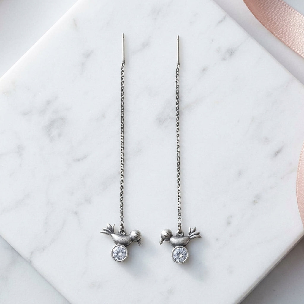 German Silver Bird Charm Chain Drop Earrings for Women | Lady Zone