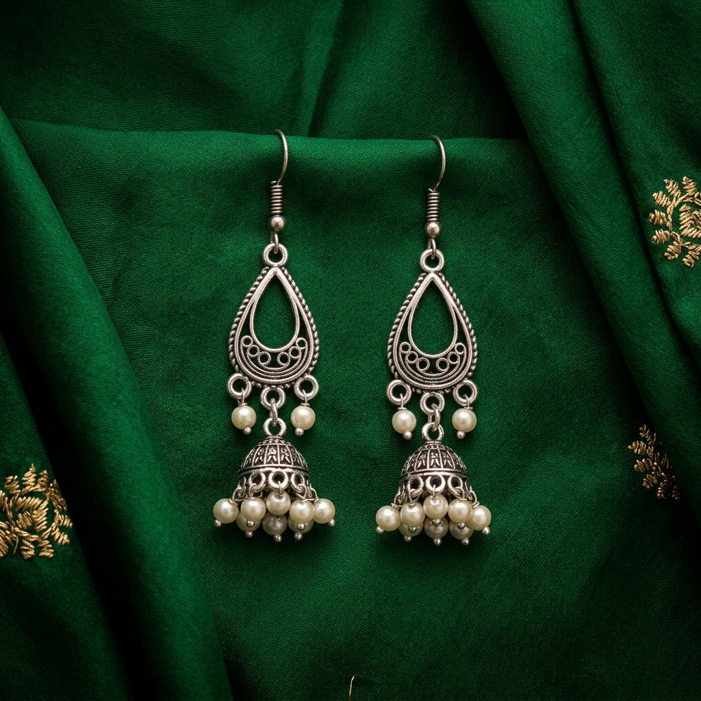 Oxidized Pearl Drop Jhumka Earrings for Women | Lady Zone