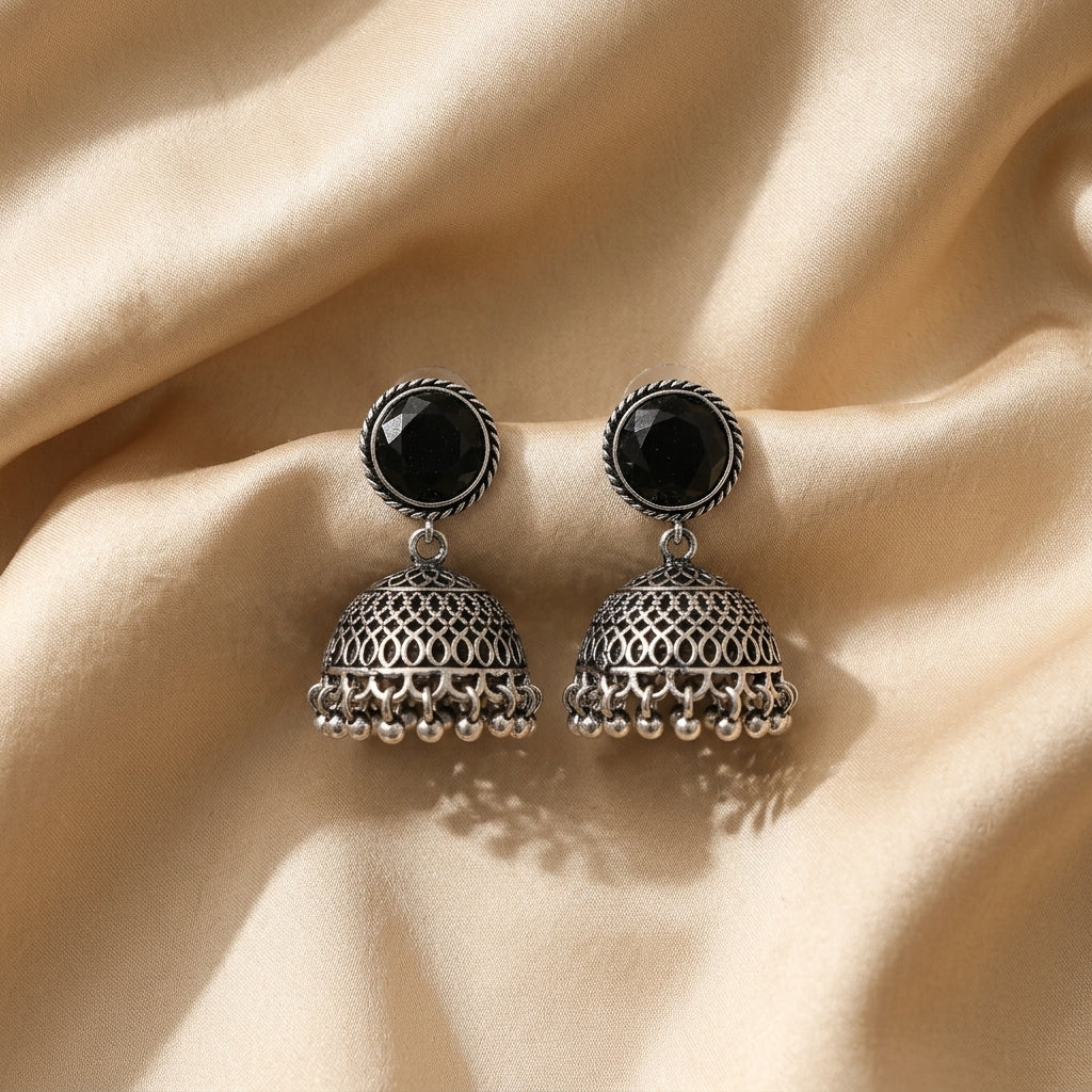 Oxidized Stone Stud Jhumka Earrings for Women | Lady Zone