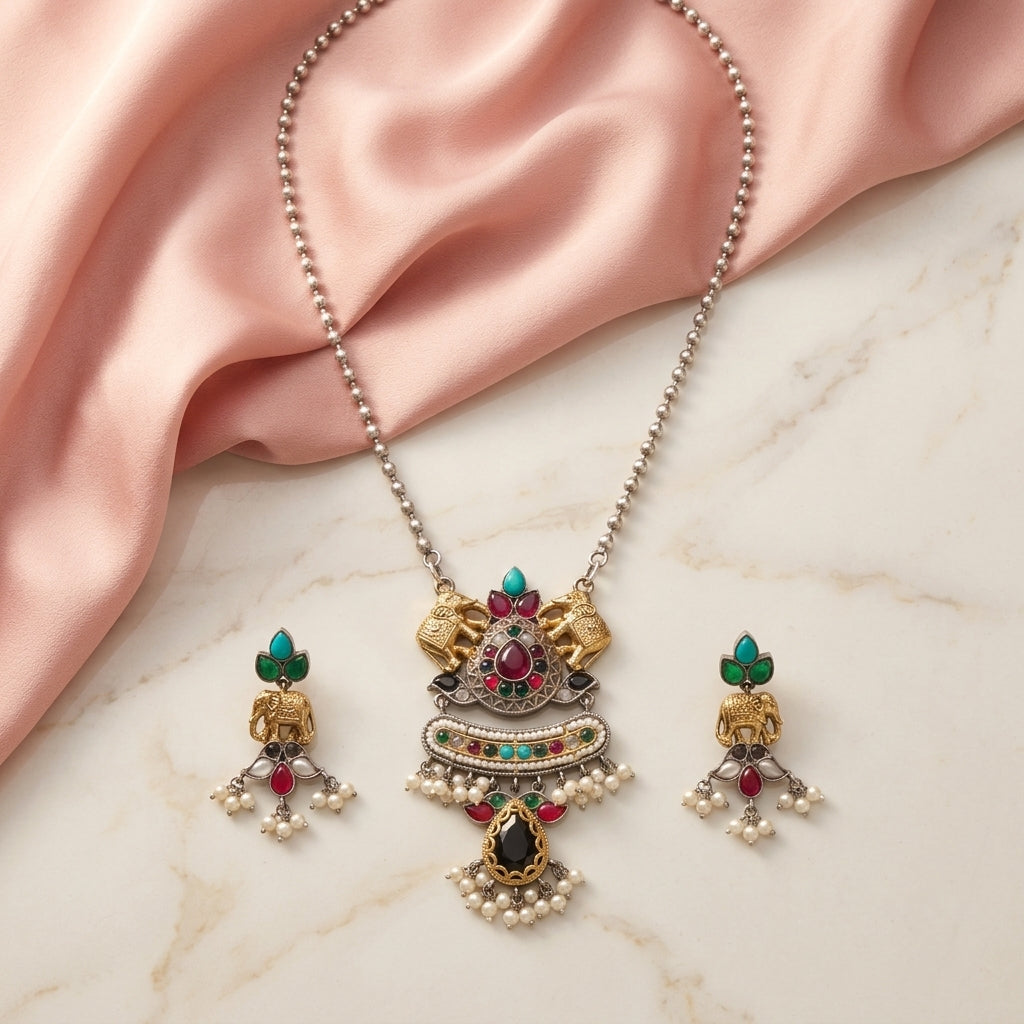 German Silver Oxidized Elephant Pendant Necklace Set for Women | Lady Zone