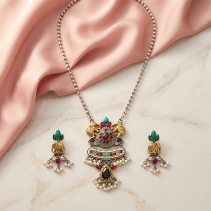 German Silver Oxidized Elephant Pendant Necklace Set for Women | Lady Zone