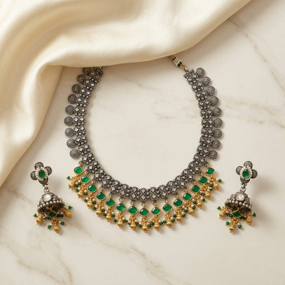 German Silver Oxidized Green Stone Choker Necklace Set for Women | Lady Zone