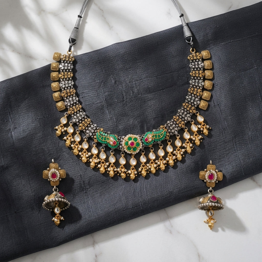 German Silver Oxidized Kundan Choker Necklace Set for Women | Lady Zone