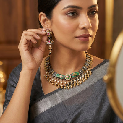 German Silver Oxidized Kundan Choker Necklace Set for Women | Lady Zone