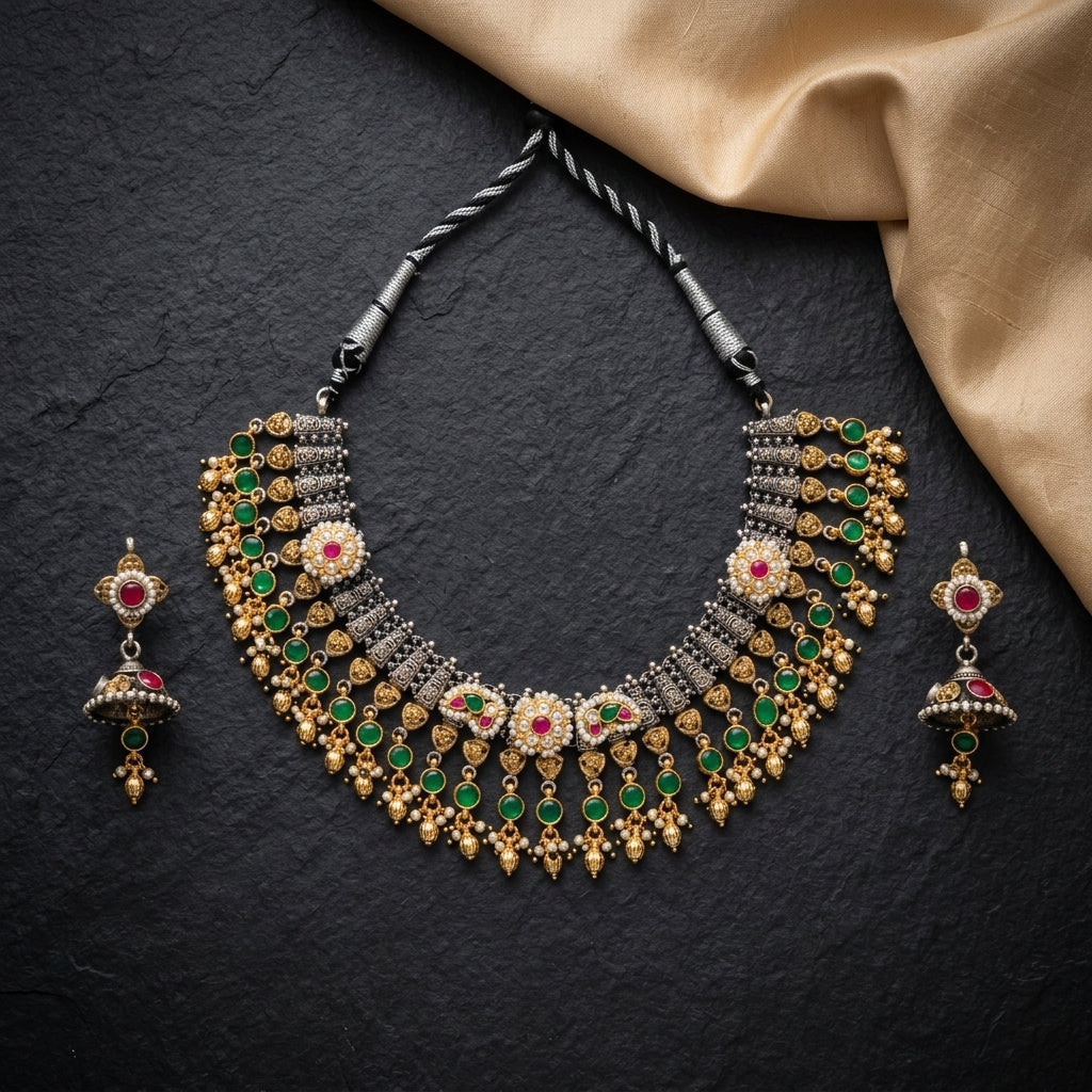 German Silver Oxidized Green Stone Bridal Necklace Set for Women | Lady Zone