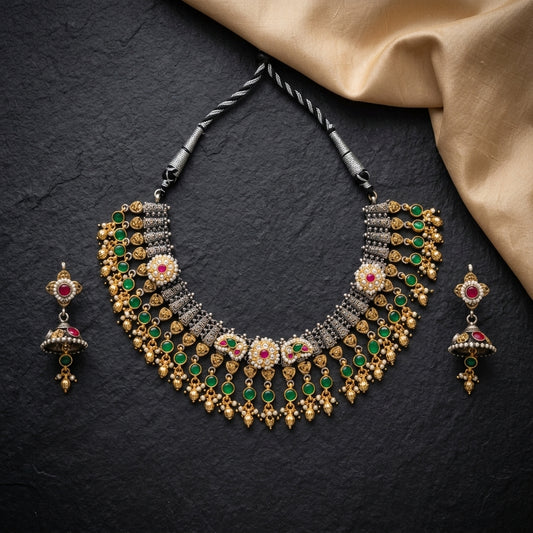 German Silver Oxidized Green Stone Bridal Necklace Set for Women | Lady Zone