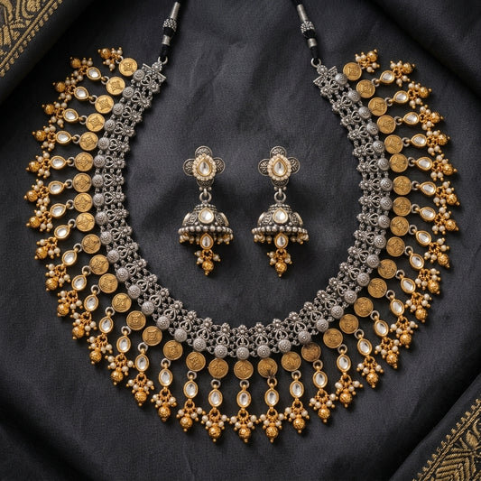 German Silver Oxidized Coin Kundan Necklace Set for Women | Lady Zone