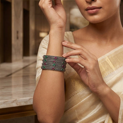 4 PC Oxidized Kundan Stone Studded Bangle Set | Lady Zone