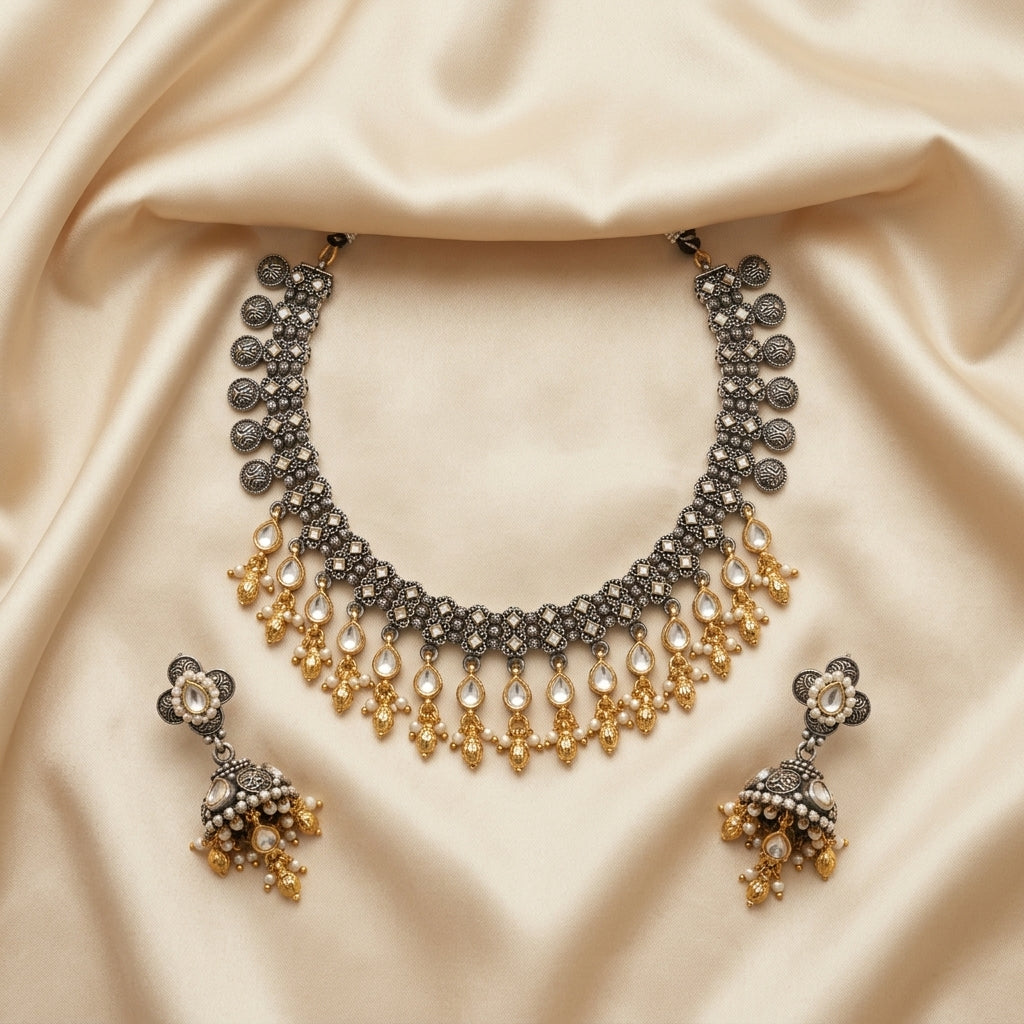 German Silver Oxidized Pearl Drop Choker Necklace Set for Women | Lady Zone