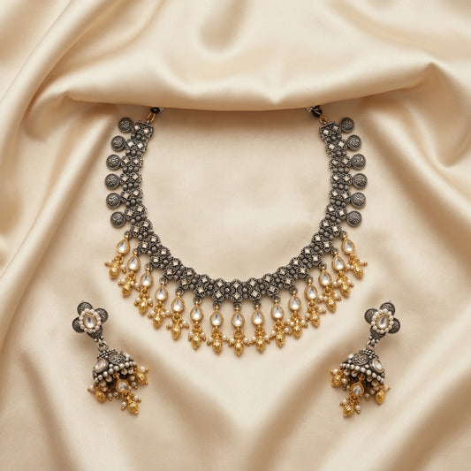 German Silver Oxidized Pearl Drop Choker Necklace Set for Women | Lady Zone