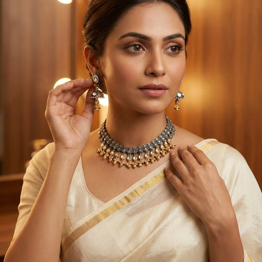 German Silver Oxidized Pearl Drop Choker Necklace Set for Women | Lady Zone