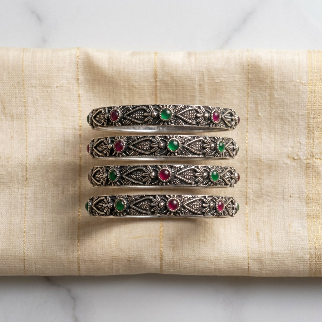 4 PC Oxidized Stone Studded Bangle Set | Lady Zone