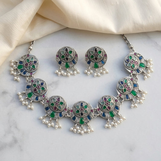German Silver Oxidized Multicolor Coin Necklace Set for Women | Lady Zone