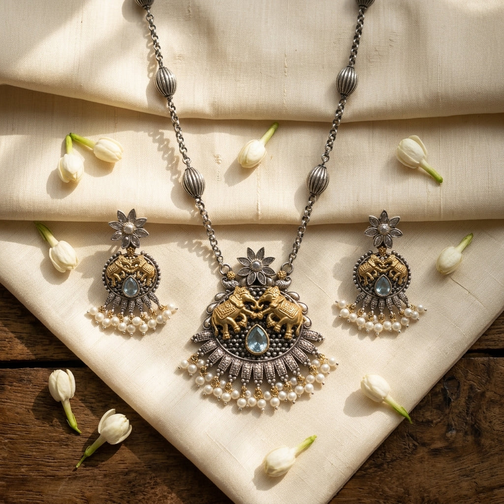 German Silver Oxidized Elephant Pearl Necklace Set for Women | Lady Zone