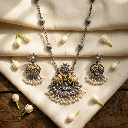 German Silver Oxidized Elephant Pearl Necklace Set for Women | Lady Zone