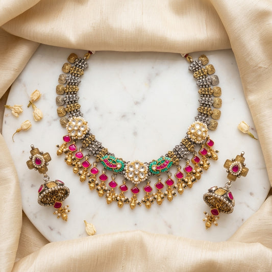 German Silver Oxidized Stone Choker Necklace Set for Women | Lady Zone