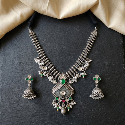 German Silver Oxidized Green Stone Pendant Necklace Set for Women | Lady Zone