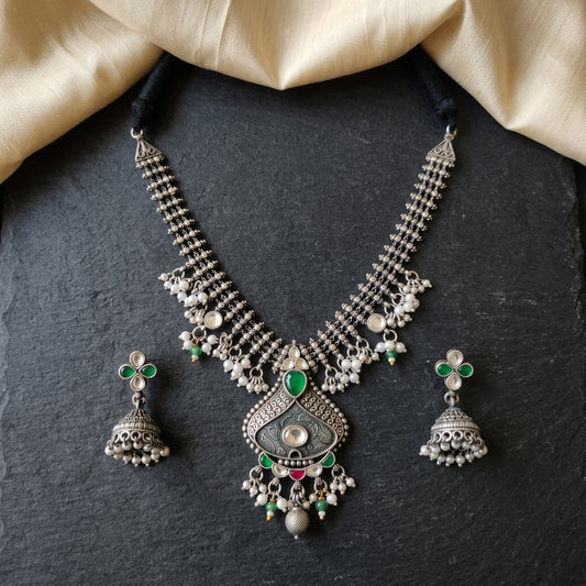 German Silver Oxidized Green Stone Pendant Necklace Set for Women | Lady Zone